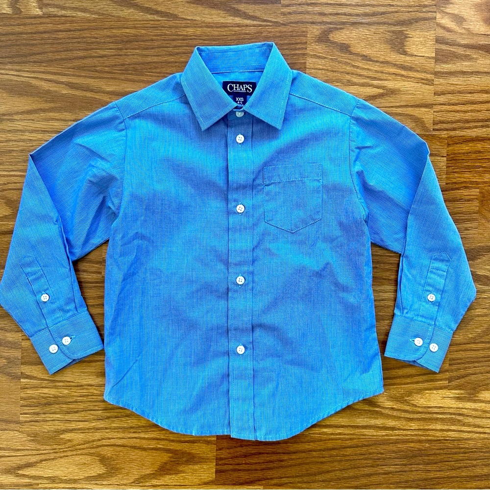 Chaps Boys Size 4-5 XXS Button Up Down Long Sleeve Dress Shirt Blue White EUC!
